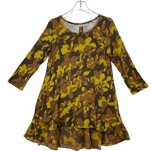 LOGO by Lori Goldstein Tunic Blouse Womens Size S Yellow Brown Ruffle Hem - Picture 1 of 11